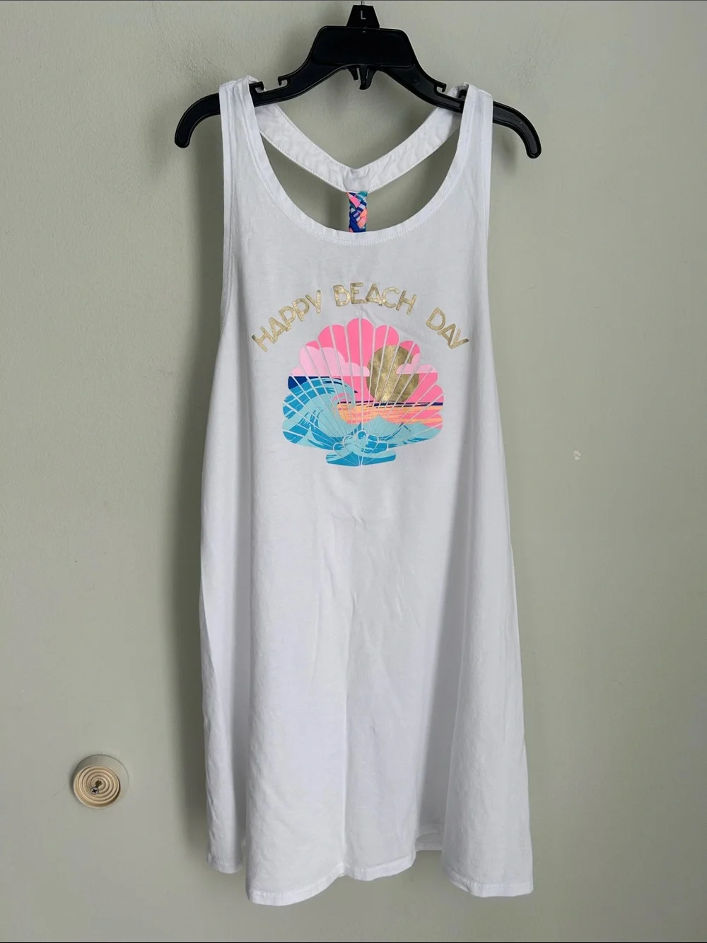 Cat & Jack White Girls Tank Dress with Pink Blue Shell Graphic
